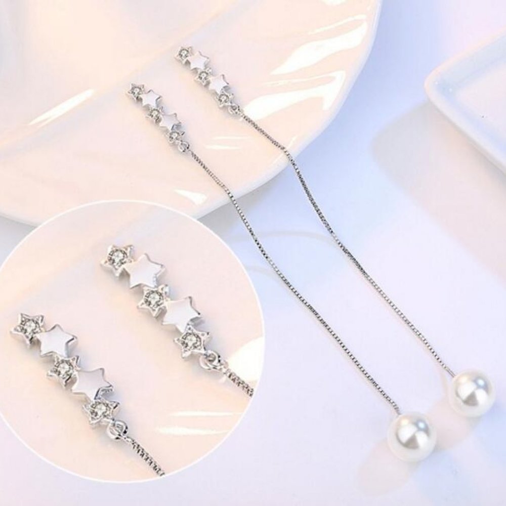 925 Sterling Silver Diamond Star Pearl Earrings L - Picture 2 of 8